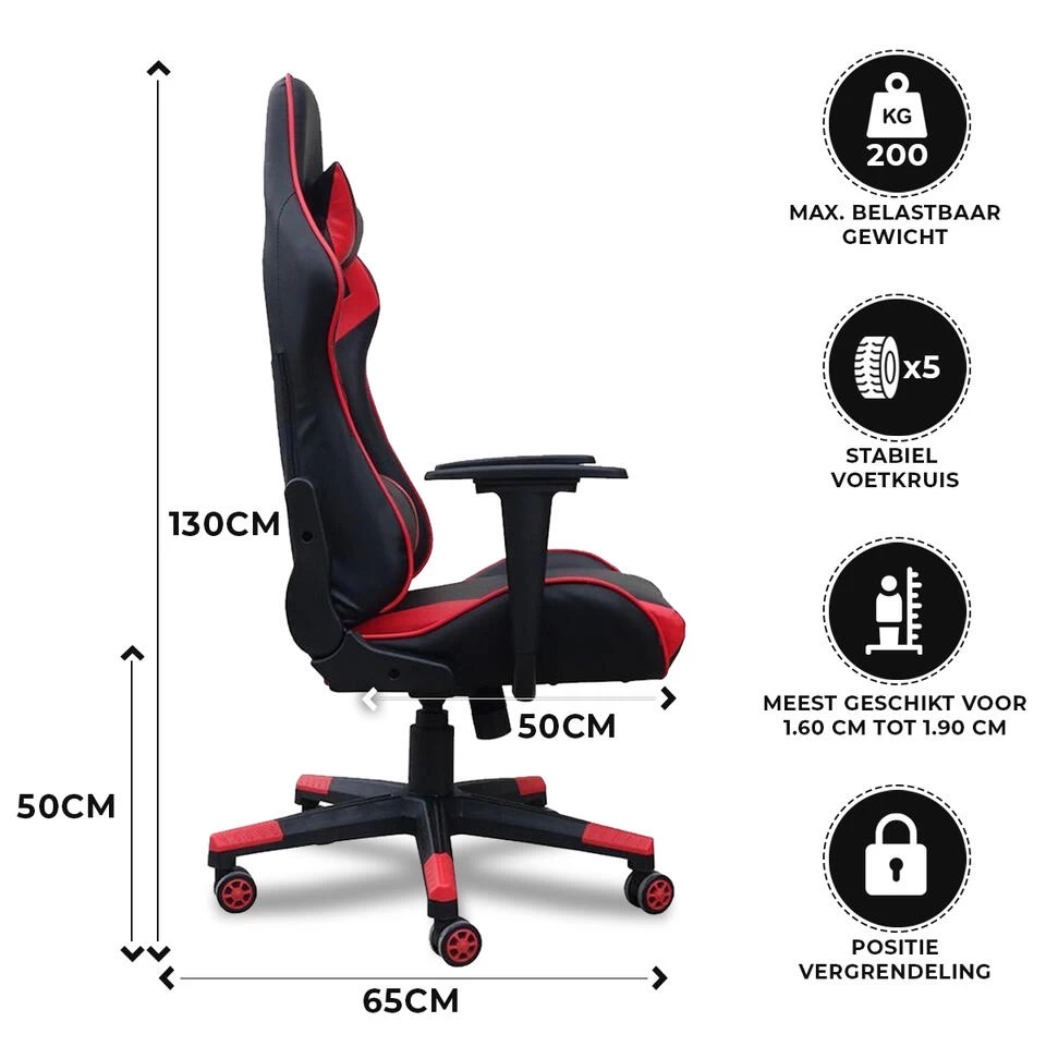 Gamestoel Las Vegas - Zwart / Rood - Gaming Stoel - Bureaustoel - Image 3