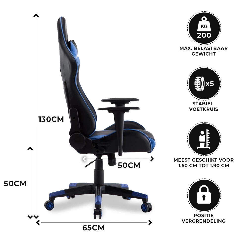 Gamestoel Las Vegas - Zwart / Blauw - Gaming Stoel - Bureaustoel - Image 3