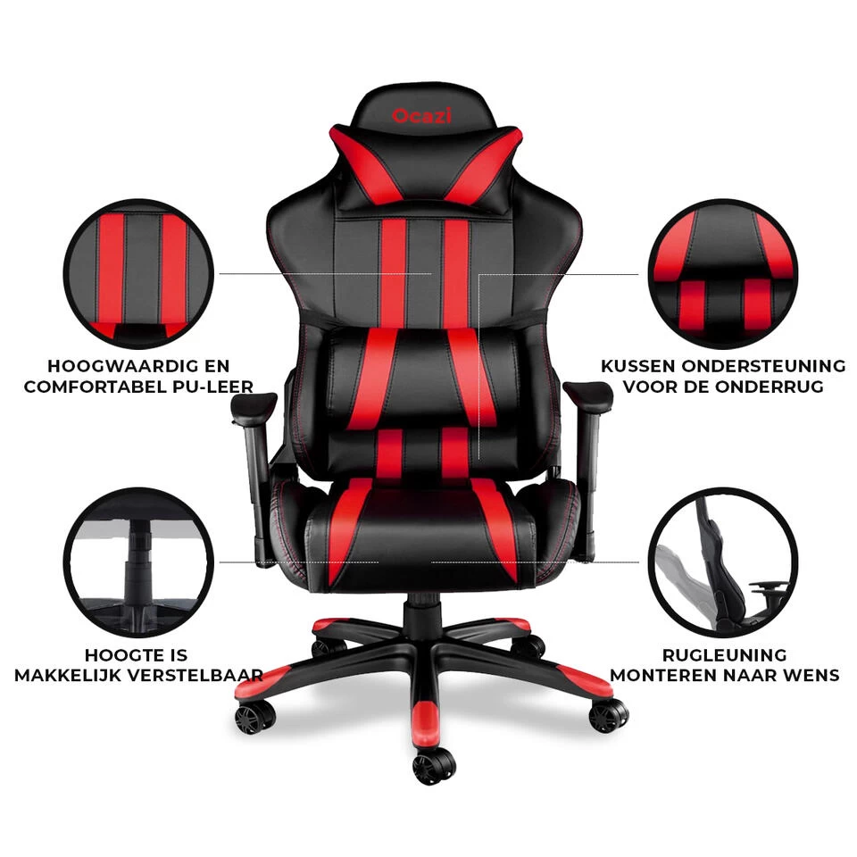 Ocazi Chicago Gaming Stoel - Bureaustoel - Zwart/Rood - Image 4
